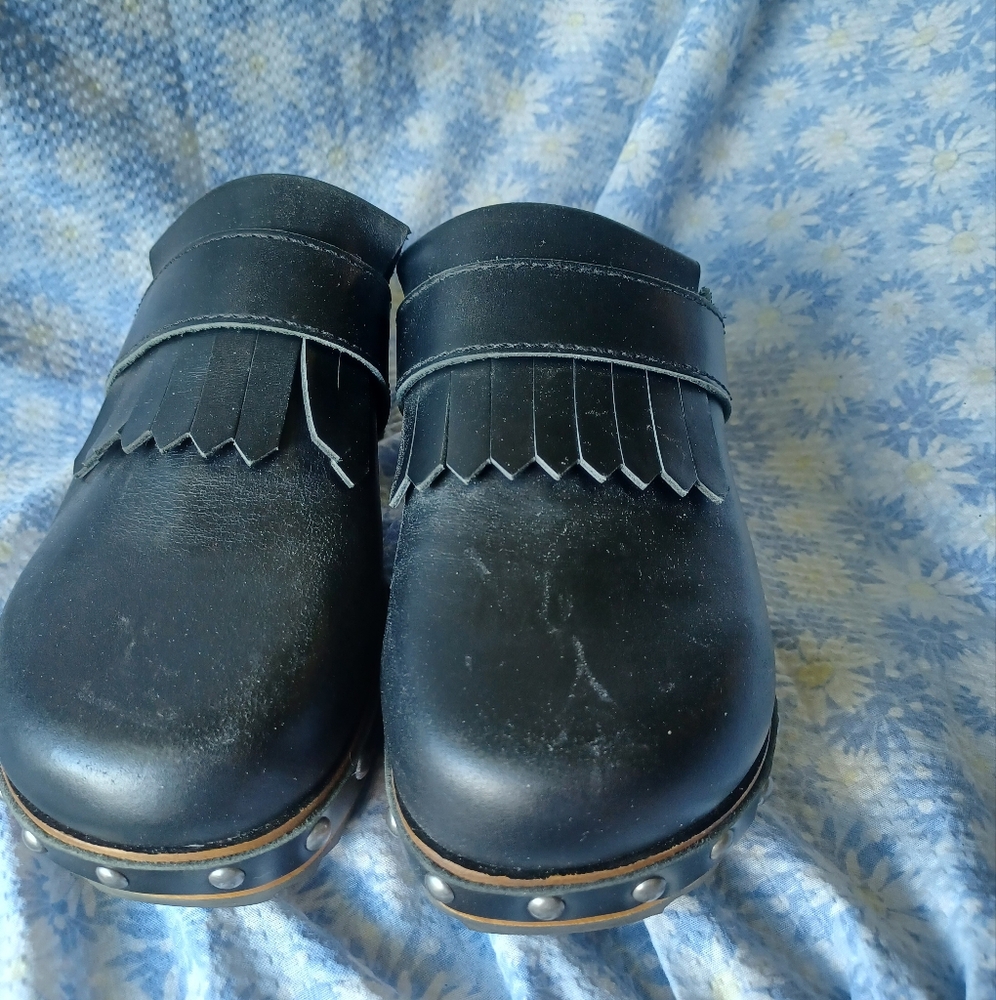 Kelsi Dagger Leather Studded Wooden Bottom Clogs Hobby Black
